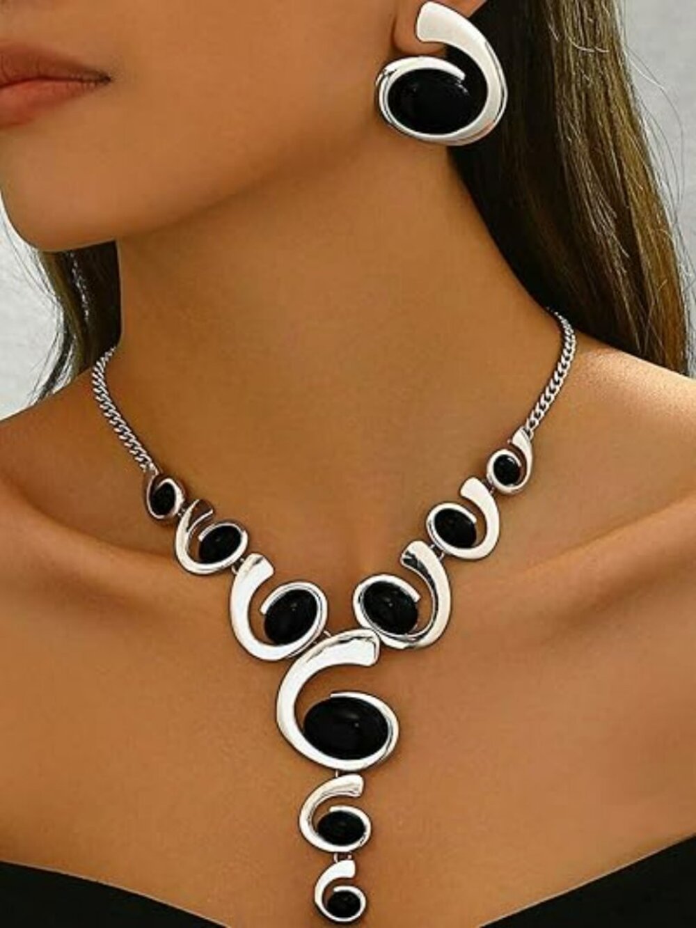 Silver & Black Boho Classy Chunky Jewelry Set Vintage Pendant Necklace Stackable - Picture 2 of 4